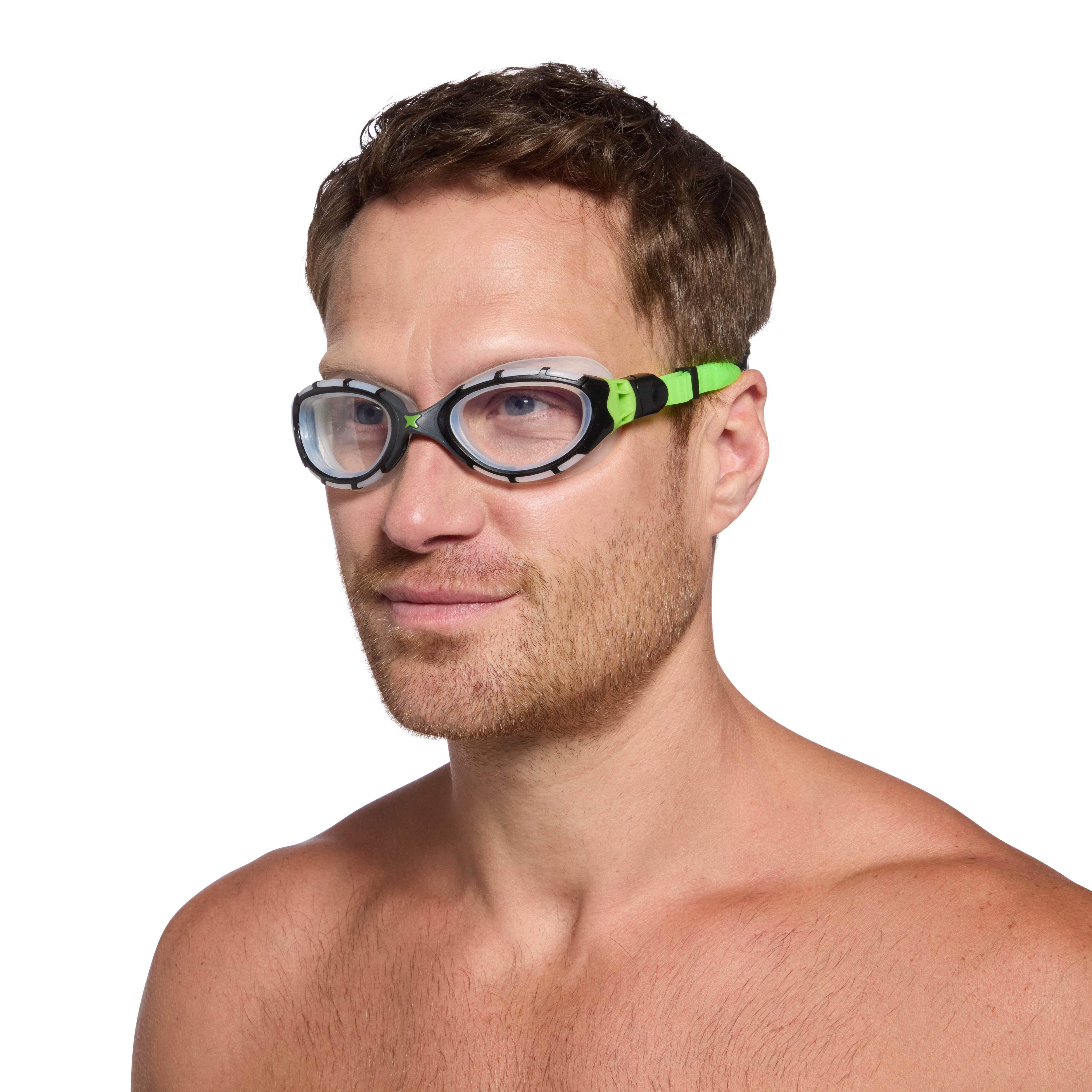 Óculos de Natação Zoggs Predator Flex — armação preta/verde com lente transparente, vista frontal