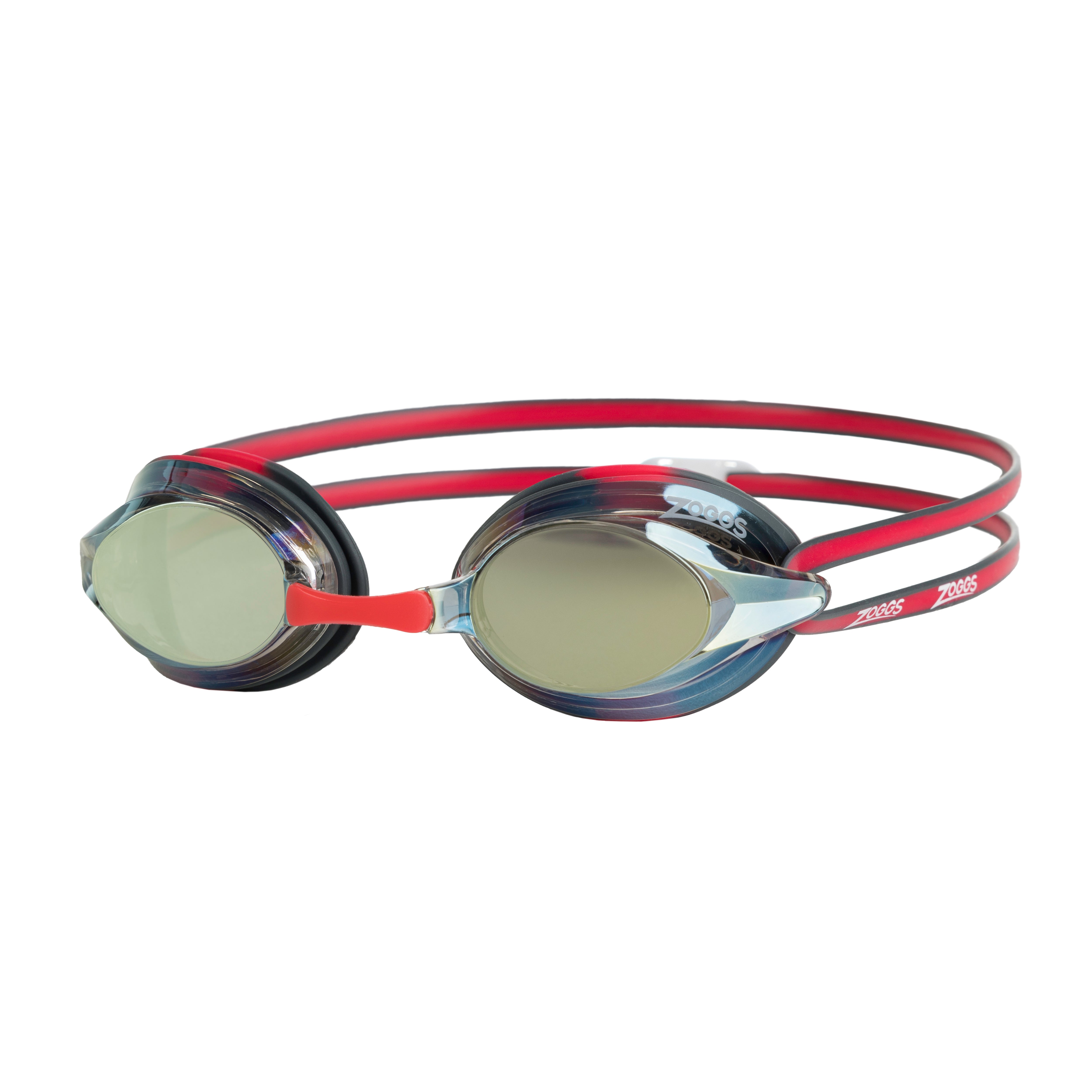 Óculos de Natação Zoggs Racer Titanium — armação cinza/vermelha com lente espelhada dourada