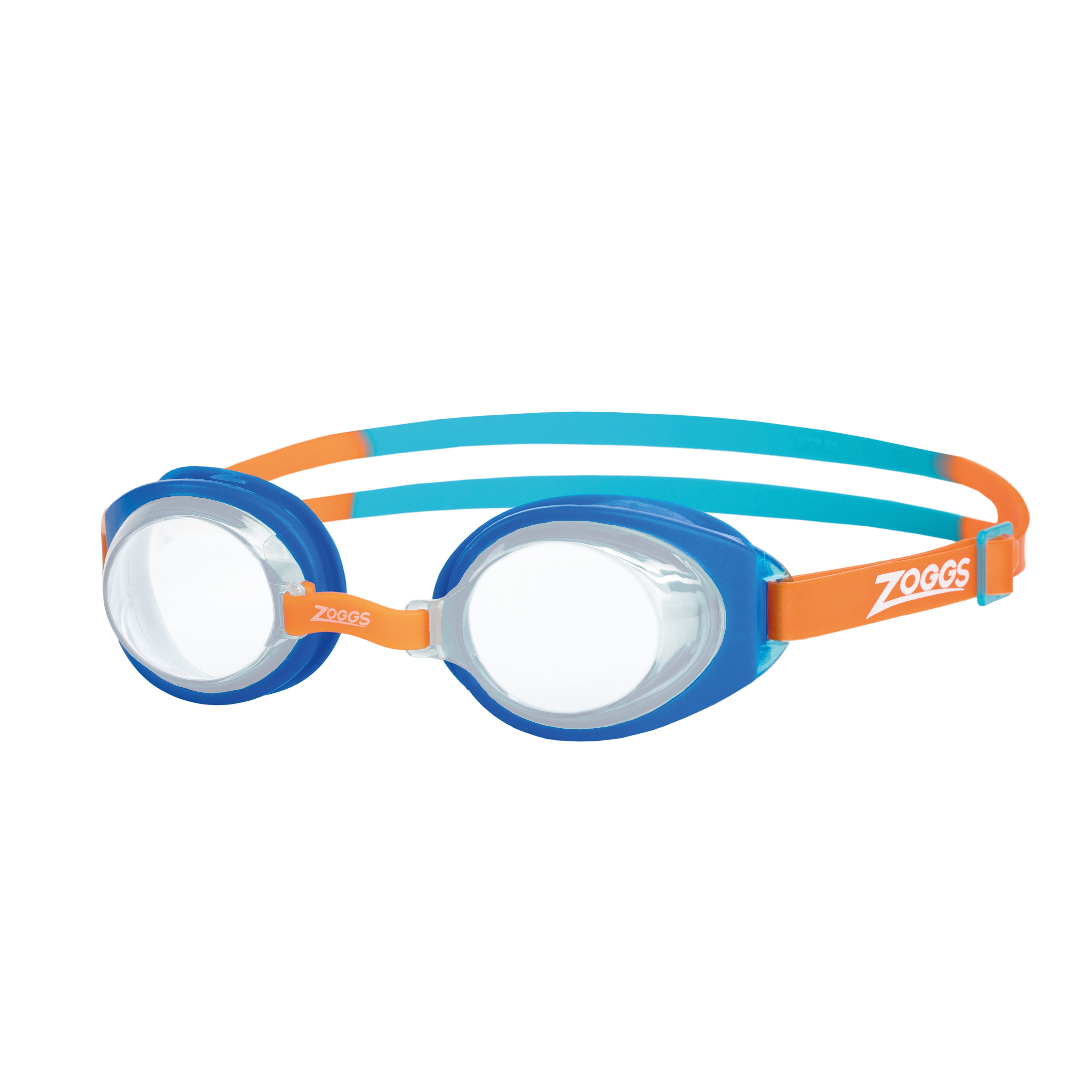 Óculos de Natação Infantil Zoggs Little Ripper, Azul/Laranja com lente transparente, vista frontal