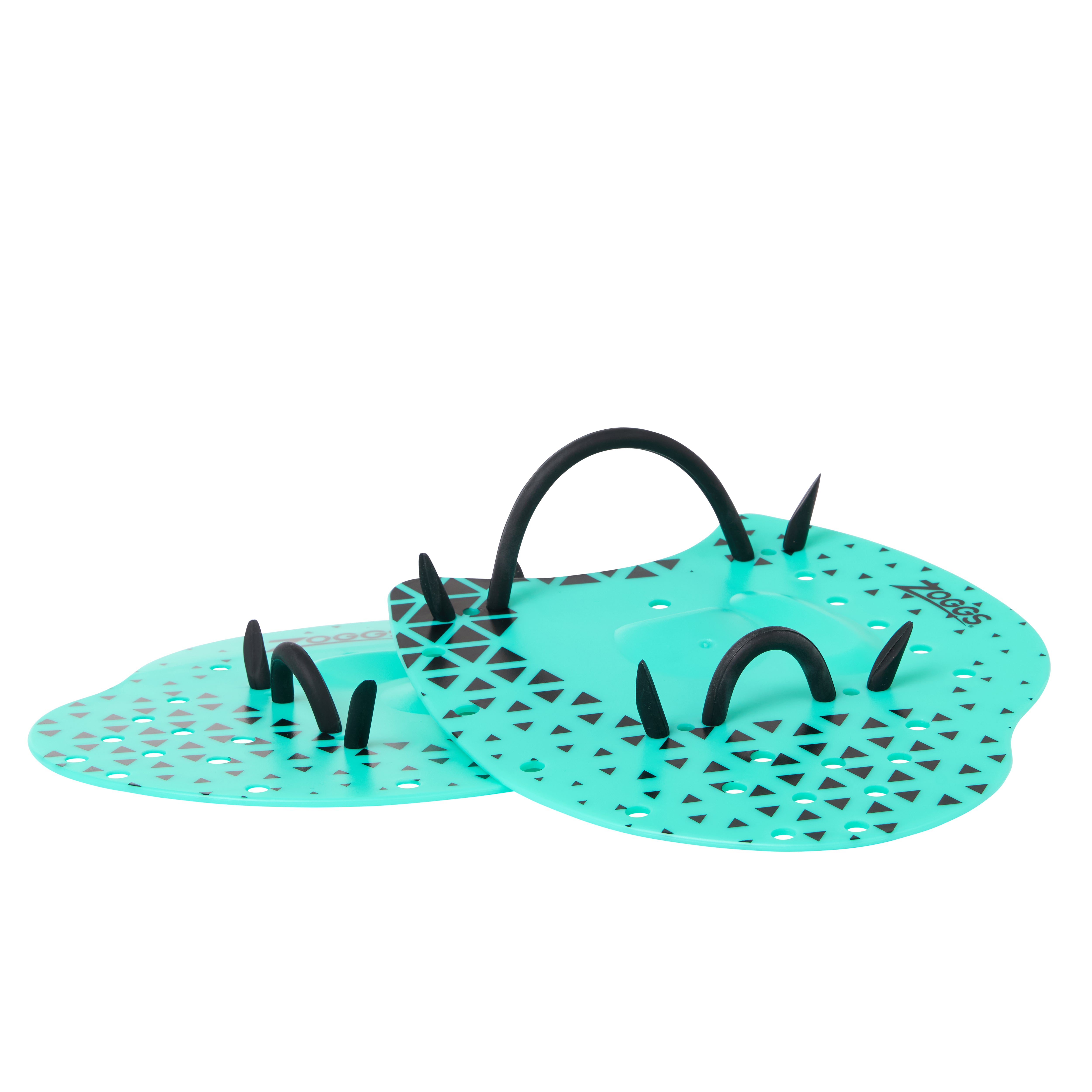 Palmar de Natação Zoggs Flat Hand Paddle, cor turquesa/preto, vista frontal mostrando furos e elásticos