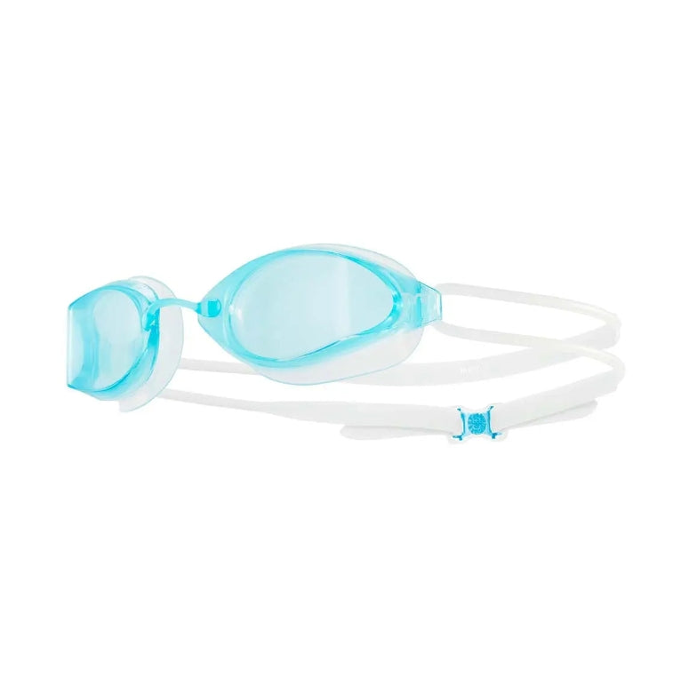 Óculos de Natação TYR Tracer-X Racing Lente Azul — vista frontal mostrando design ultra low profile com lente HD azul e gaxetas de silicone líquido
