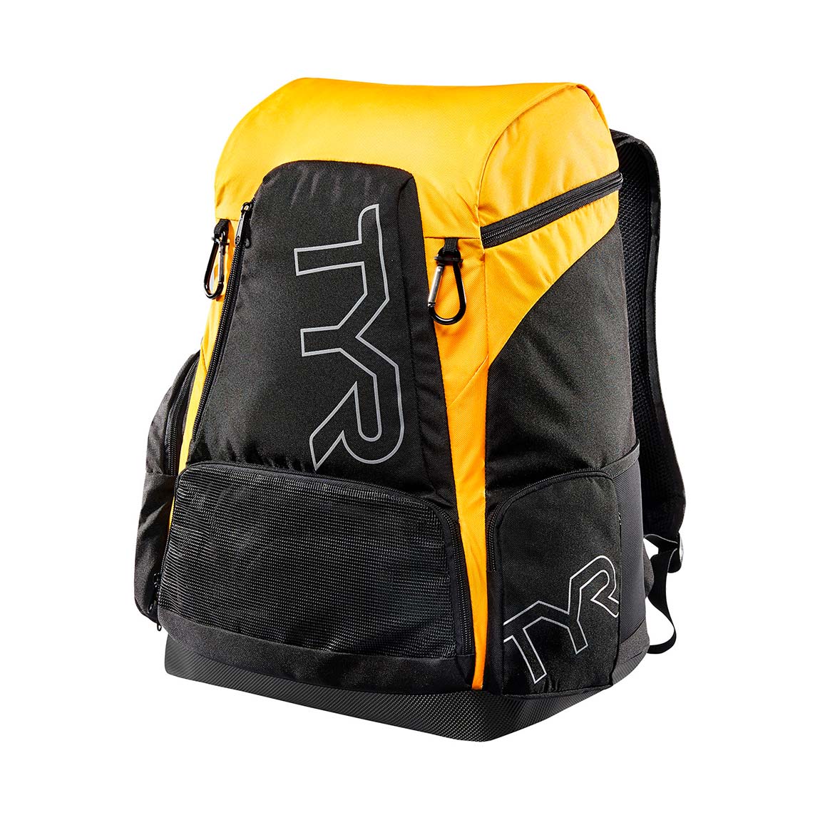 Mochila TYR Alliance 45L Preto/Dourado — vista frontal premium
