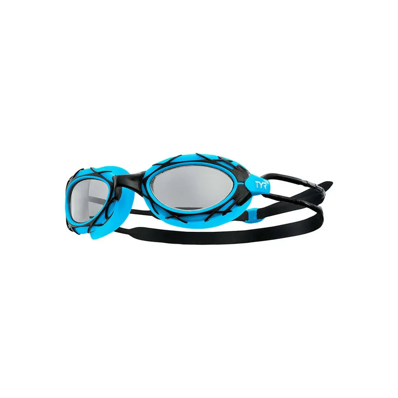 Óculos de Natação TYR Nest Pro Preto/Azul — vista frontal do design com sistema Glide Clip e lente de celulose propionato