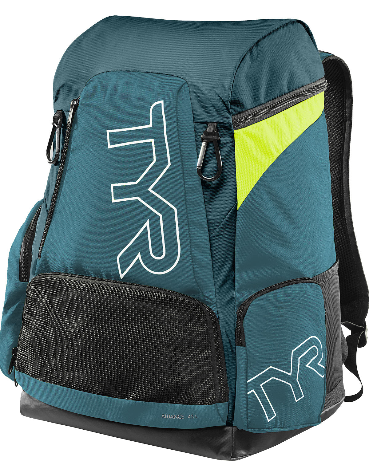 Mochila TYR Alliance 45L — detalhe do bolso mesh wet/dry e ganchos de mola para wetsuit