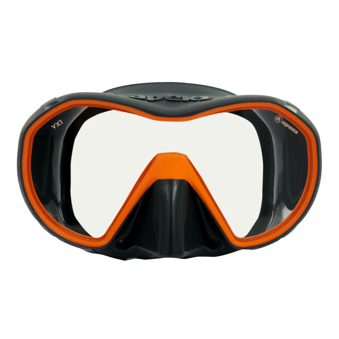 Máscara de mergulho Apeks VX1 cinza-escura com detalhes laranja, vista frontal