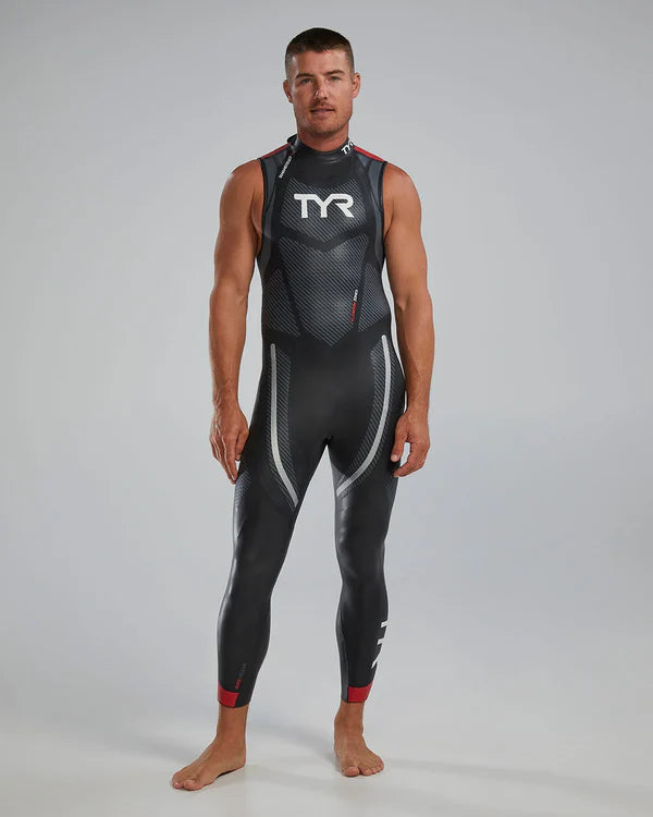 Wetsuit TYR Hurricane Cat 5 Masculina Sem Mangas — vista frontal mostrando painéis de elevação e Speed Wrap no tronco