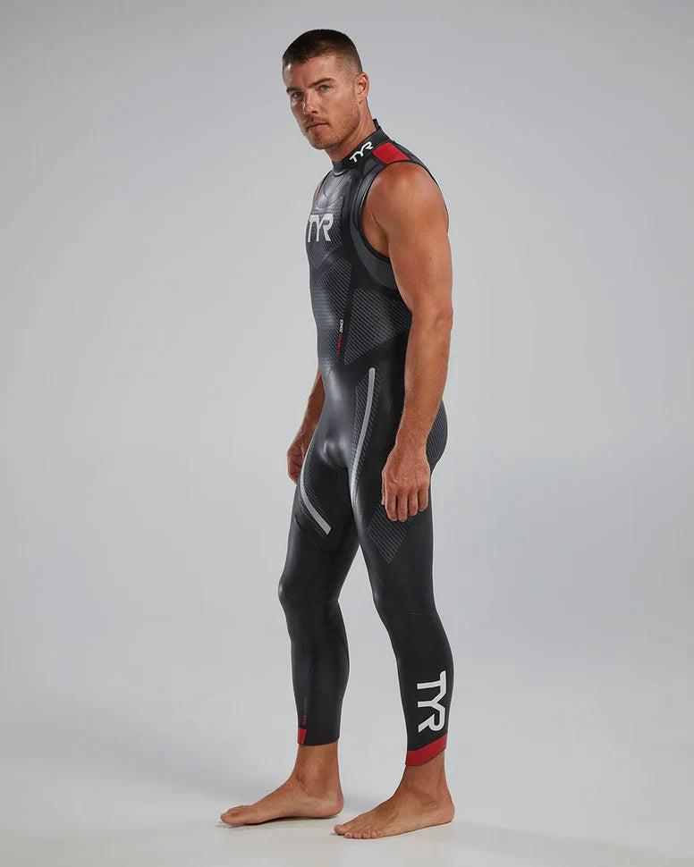 Wetsuit TYR Hurricane Cat 5 Masculina Sem Mangas — vista traseira com zíper completo e punhos de liberação rápida
