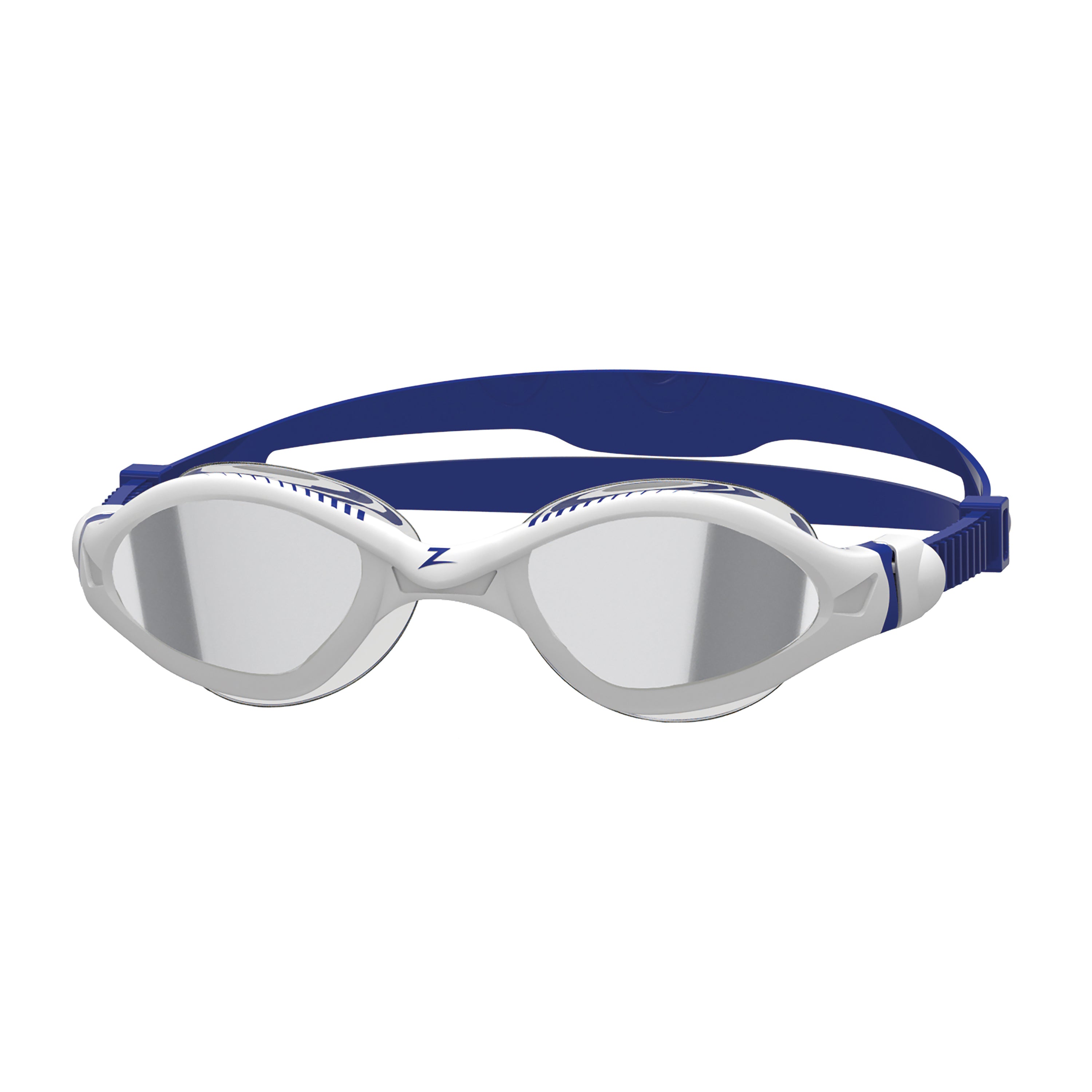 Óculos de Natação Zoggs Tiger LSR+ Titanium — armação branca/azul com lente espelhada prata