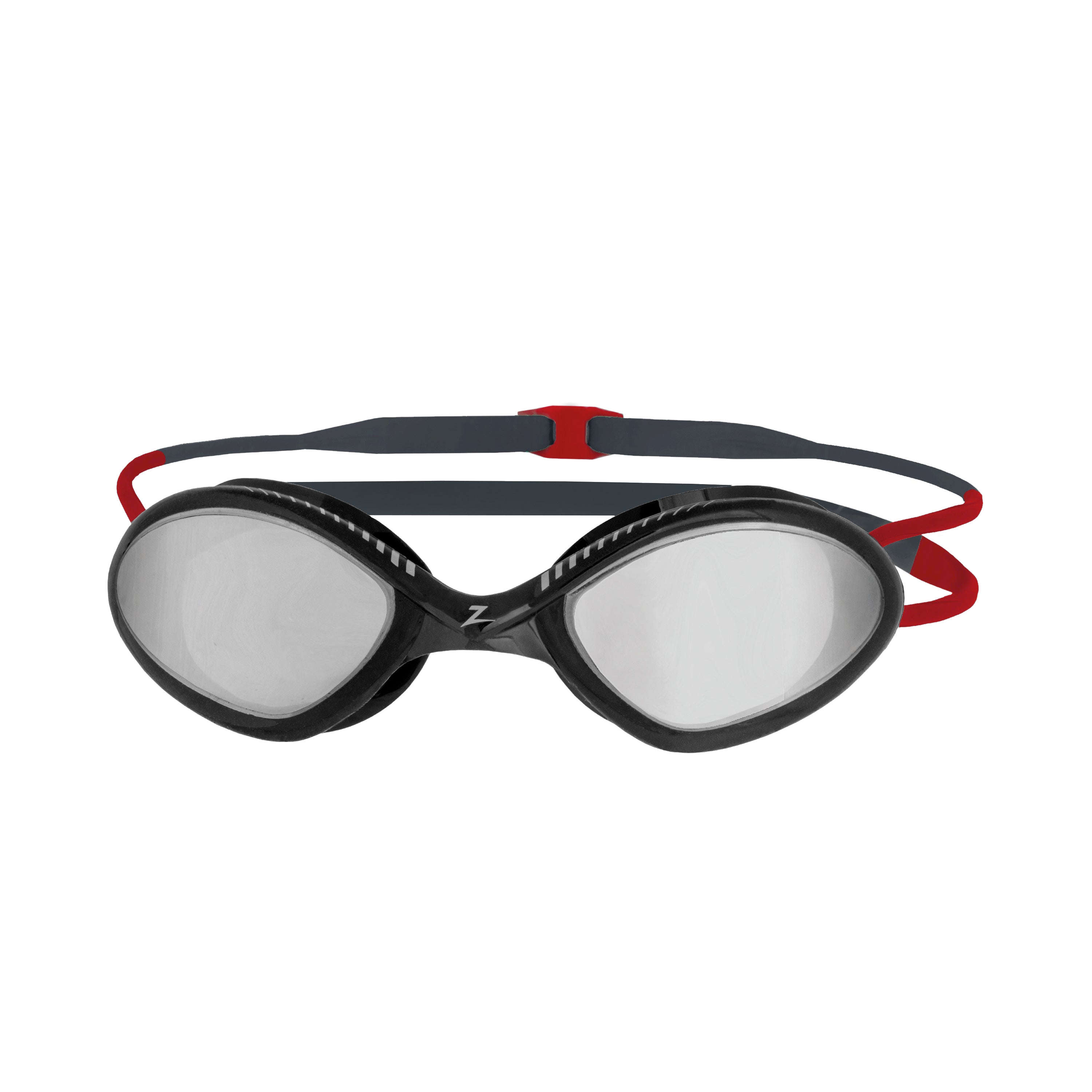 Óculos de Natação Zoggs Tiger Titanium — armação cinza/vermelha com lente espelhada prata