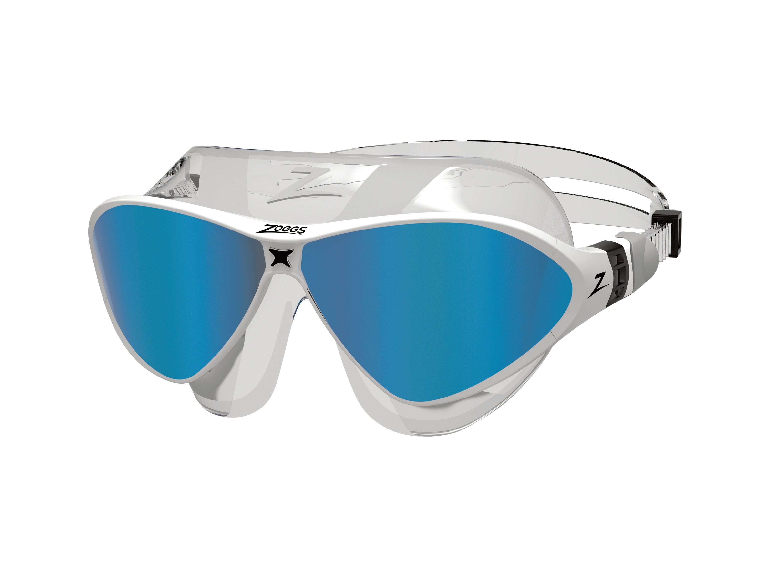 Máscara de Natação Zoggs Horizon Flex Titanium, Transparente/Branco com lente espelhada azul, vista frontal