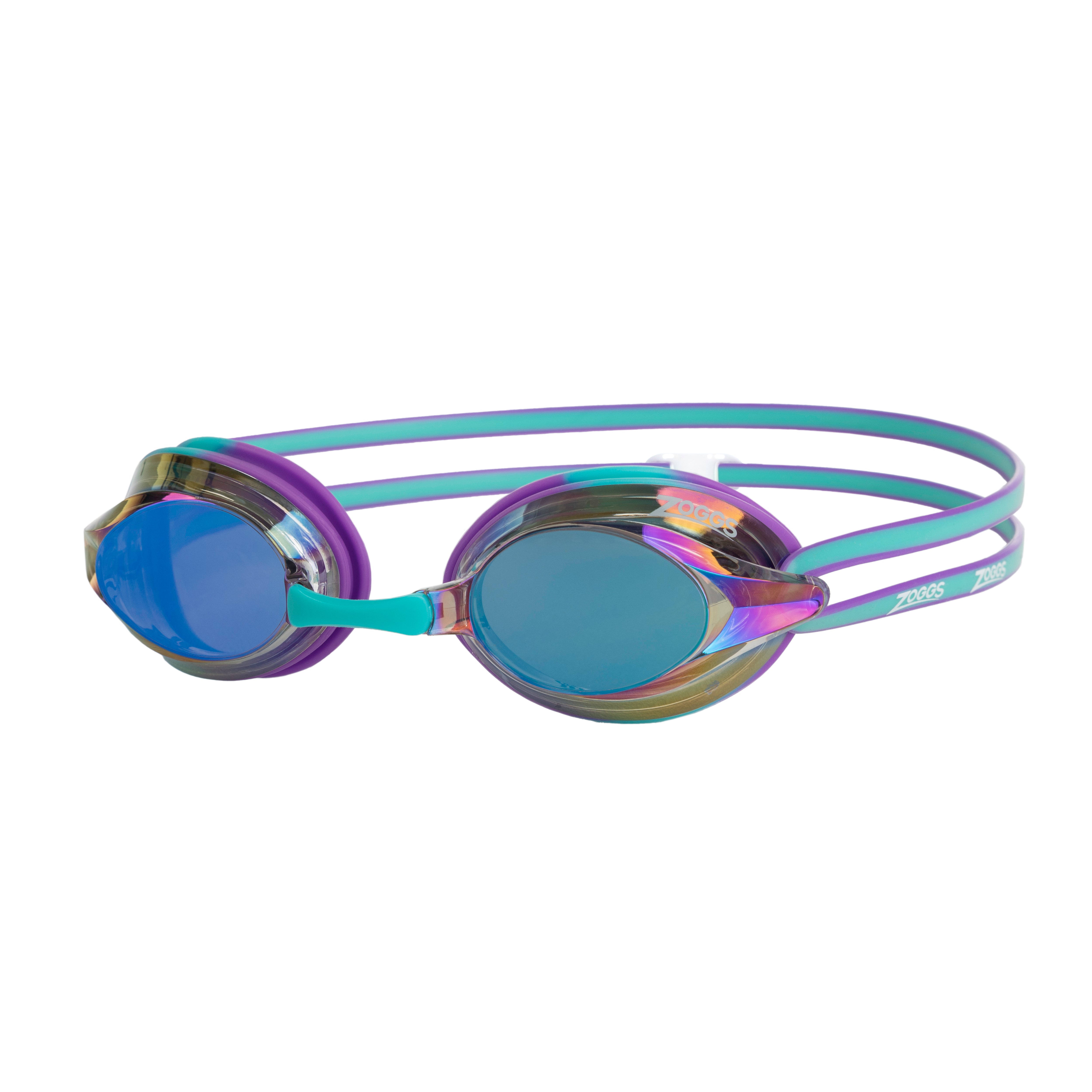 Óculos de Natação Zoggs Racer Titanium — armação violeta/turquesa com lente espelhada azul