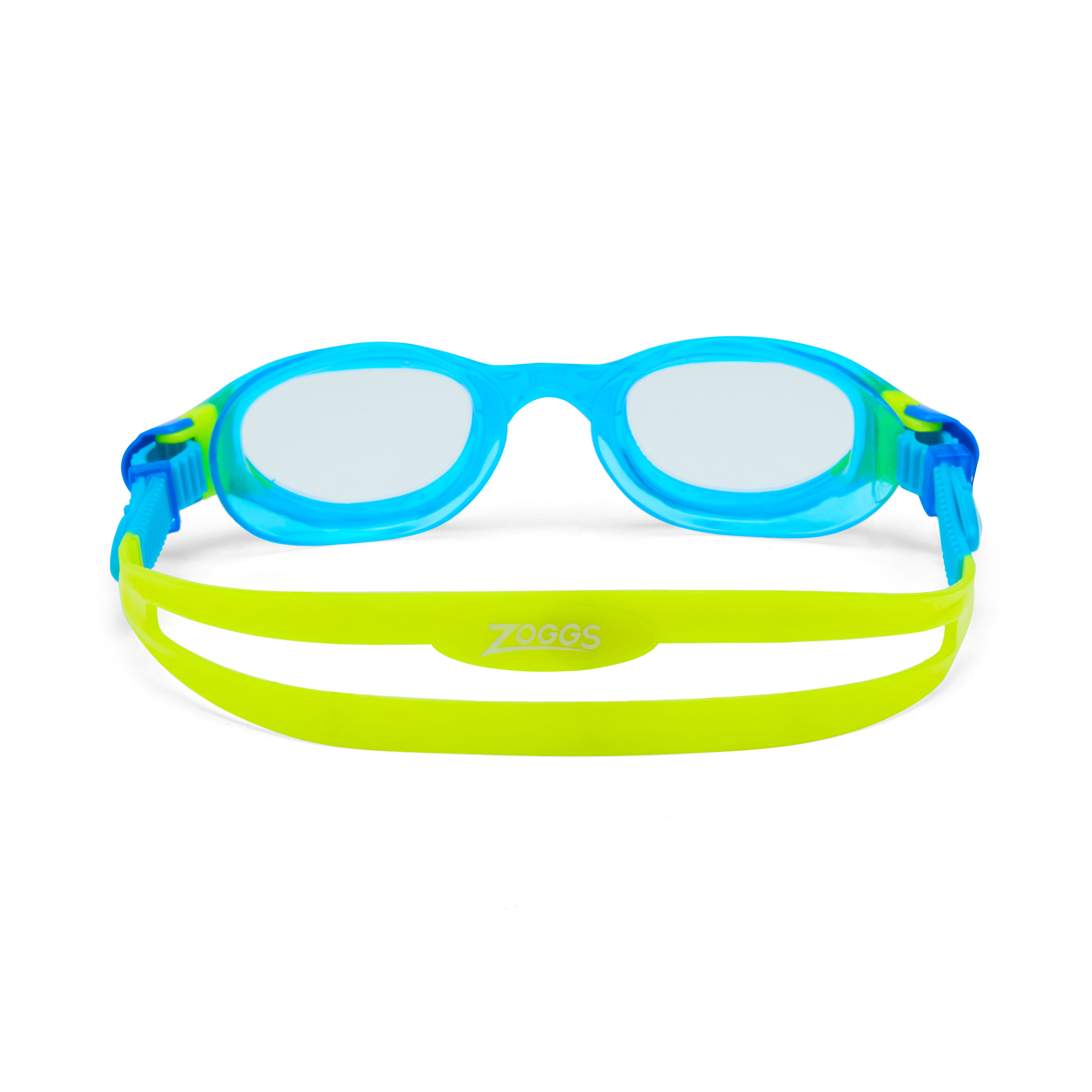 Óculos Zoggs Phantom 2.0 Junior, Azul Claro/Lima com lente transparente, vista traseira mostrando gaxeta Soft-Seal