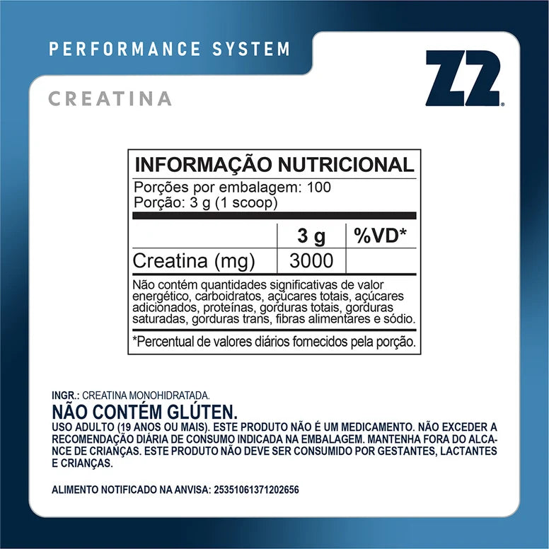 Creatina Z2 Performance System 300g | 100% Pura e Sem Sabor