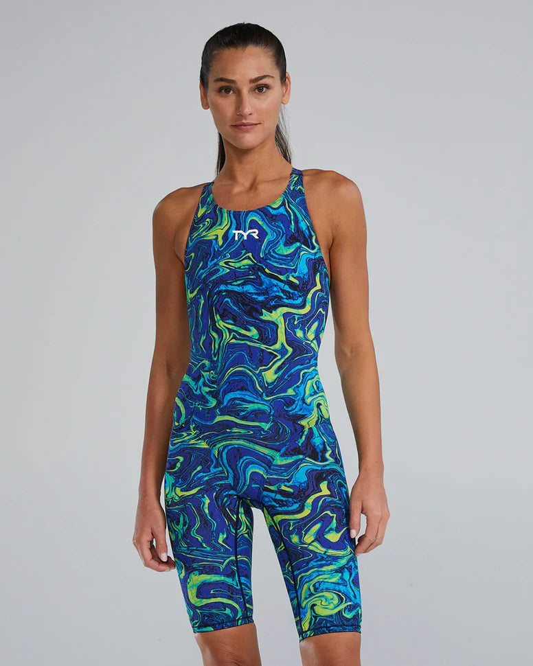 Traje de competição TYR Thresher HyperBlitz Titanium Costas Abertas — vista frontal, tech suit kneeskin feminino