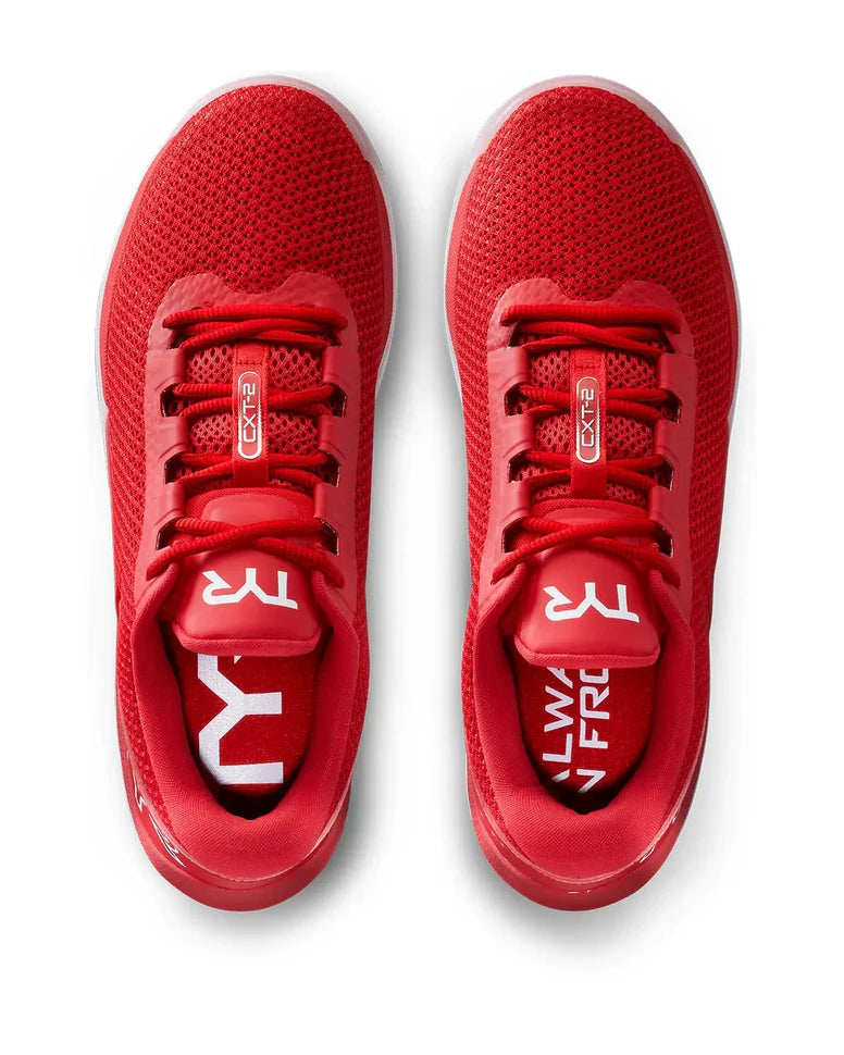 Tênis TYR CXT-2 Trainer Vermelho/Branco — vista frontal mostrando toe guard estendido e toe box amplo