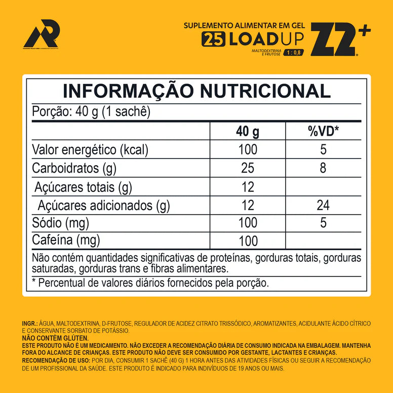Energy Gel Z2 Original MPR — tabela nutricional com até 40g de carboidratos