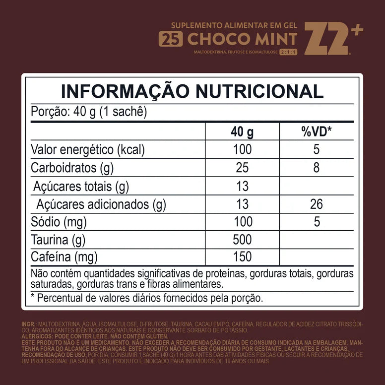 Energy Gel Z2 Choco Mint — tabela nutricional com 150mg cafeína e 1g BCAA