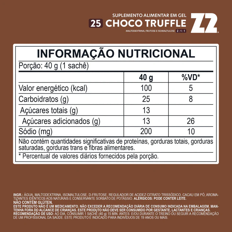 Energy Gel Z2 Choco Truffle — tabela nutricional com 25g de carboidratos