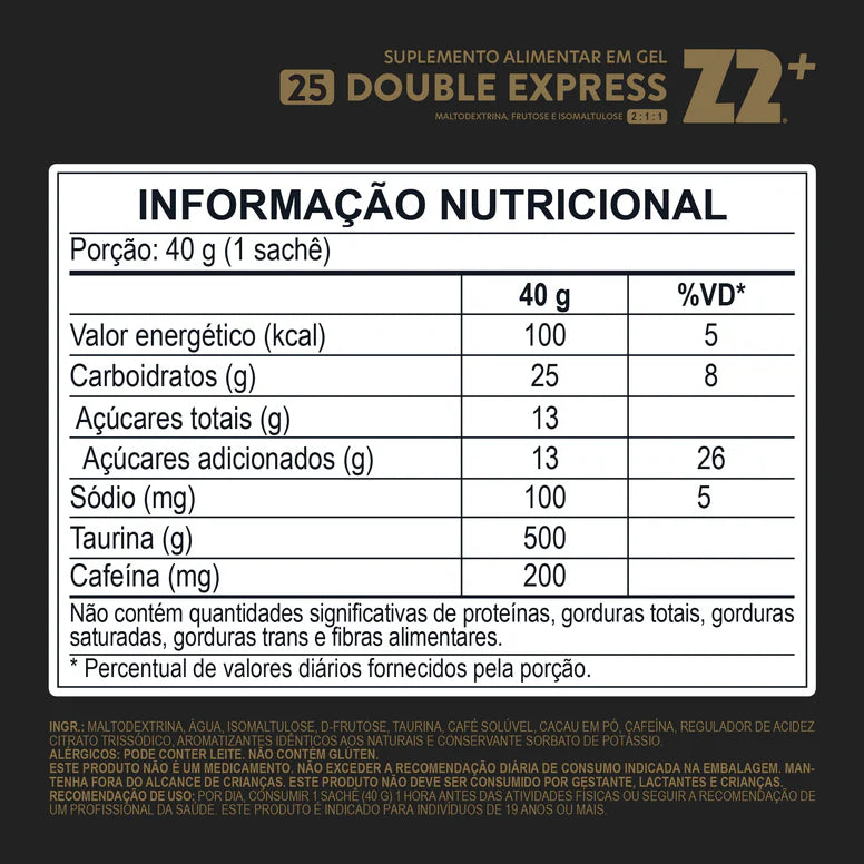 Energy Gel Z2 Double Expresso — tabela nutricional com 200mg cafeína e taurina