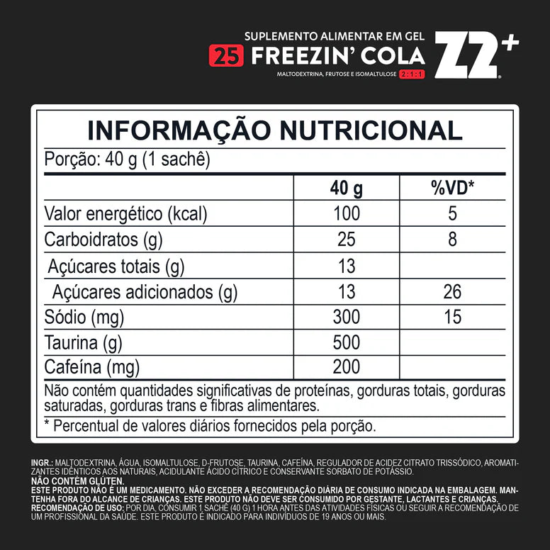 Energy Gel Z2 Freezin Cola — tabela nutricional com 200mg cafeína e 300mg sódio