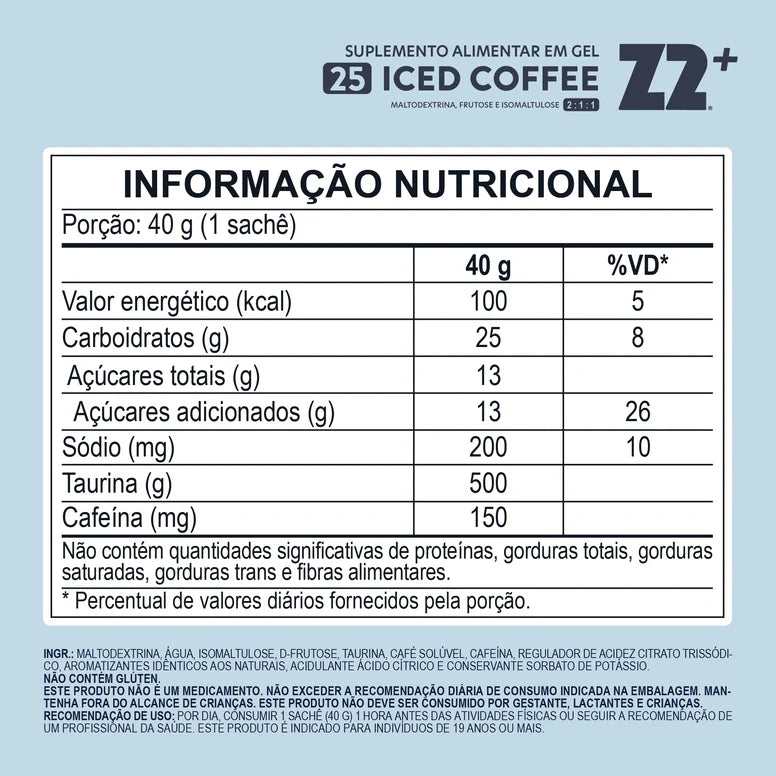Energy Gel Z2 Iceed Coffee — tabela nutricional com 200mg cafeína e taurina