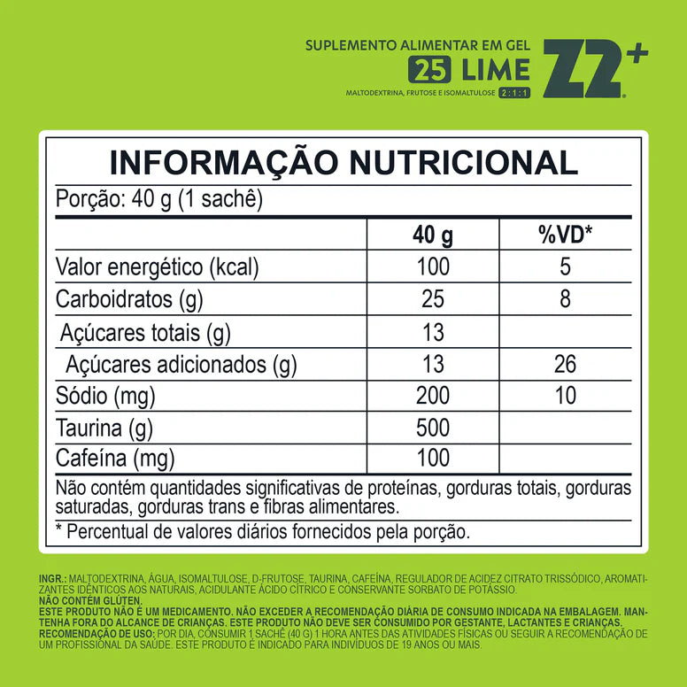 Energy Gel Z2 Lime — tabela nutricional com 100mg cafeína e 500mg taurina