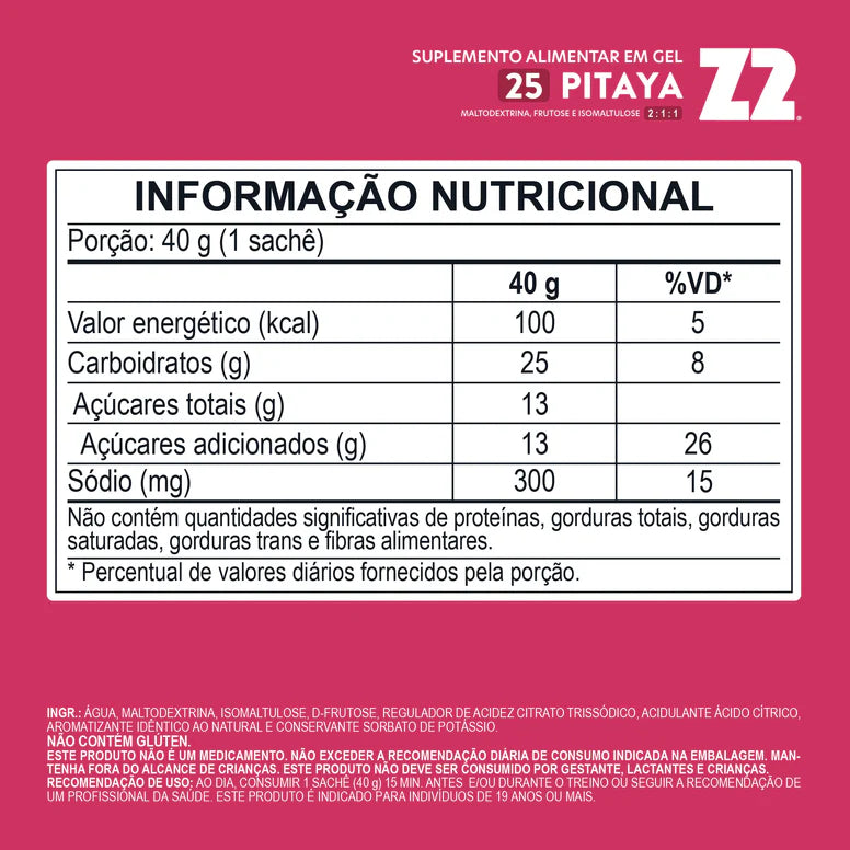 Energy Gel Z2 Pitaya — tabela nutricional com 25g de carboidratos e 300mg de sódio