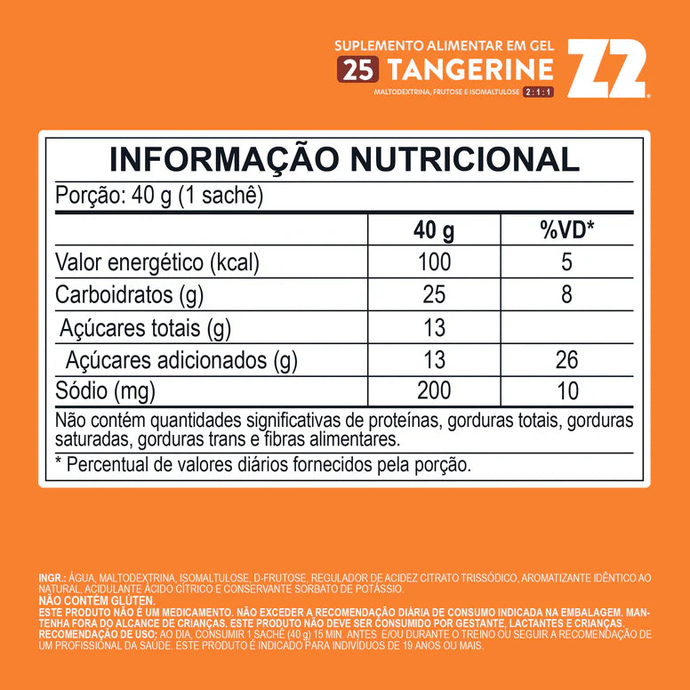 Energy Gel Z2 Tangerine — tabela nutricional com 25g de carboidratos