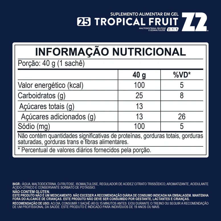 Energy Gel Z2 Tropical Fruit — tabela nutricional com 25g de carboidratos