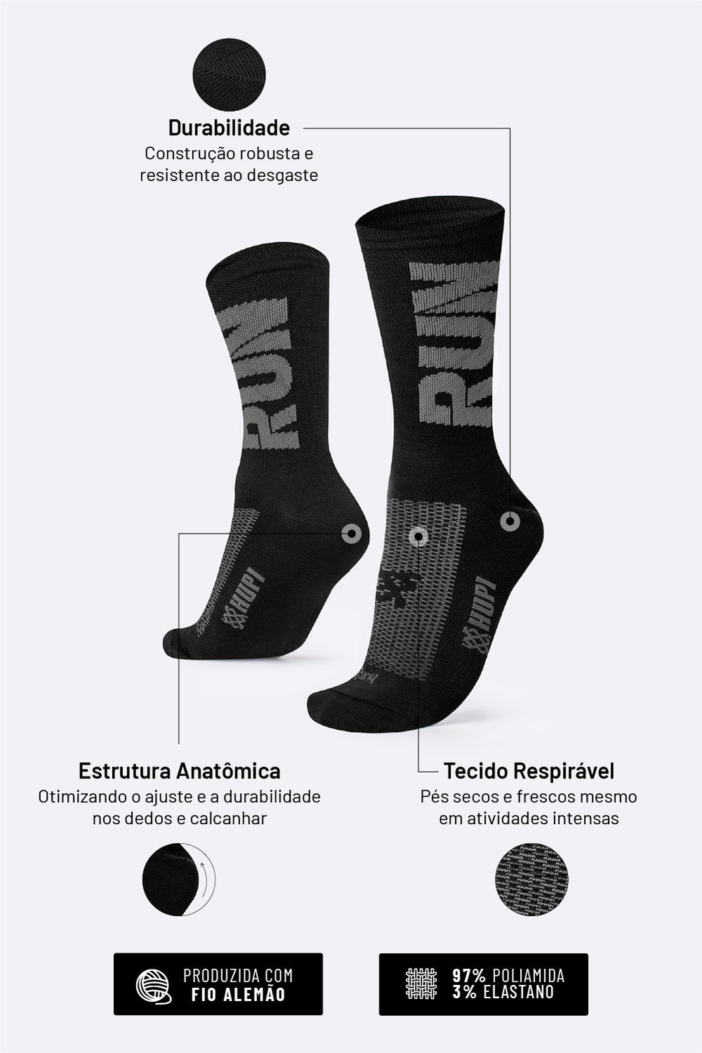 Meia HUPI Run para Corrida e Esportes — 10 Cores