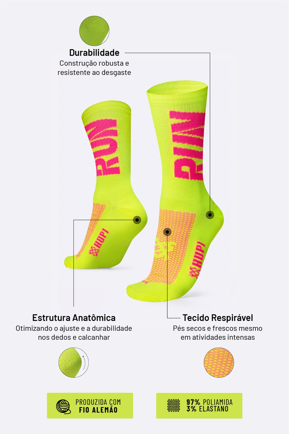 Meia HUPI Run para Corrida e Esportes — 10 Cores