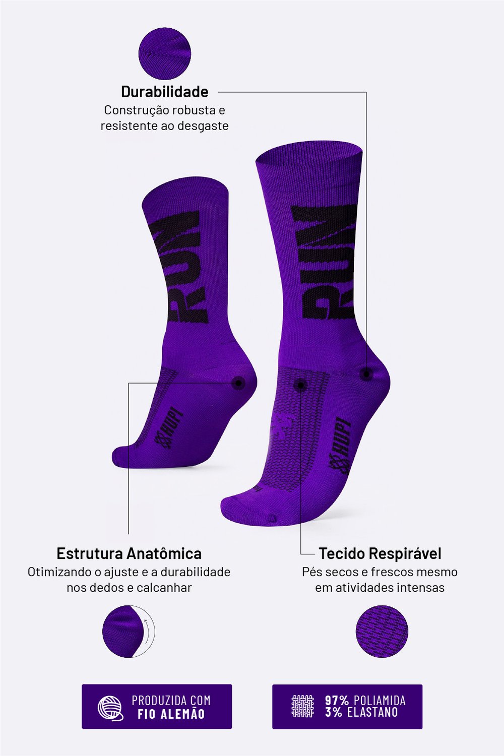 Meia HUPI Run para Corrida e Esportes — 10 Cores
