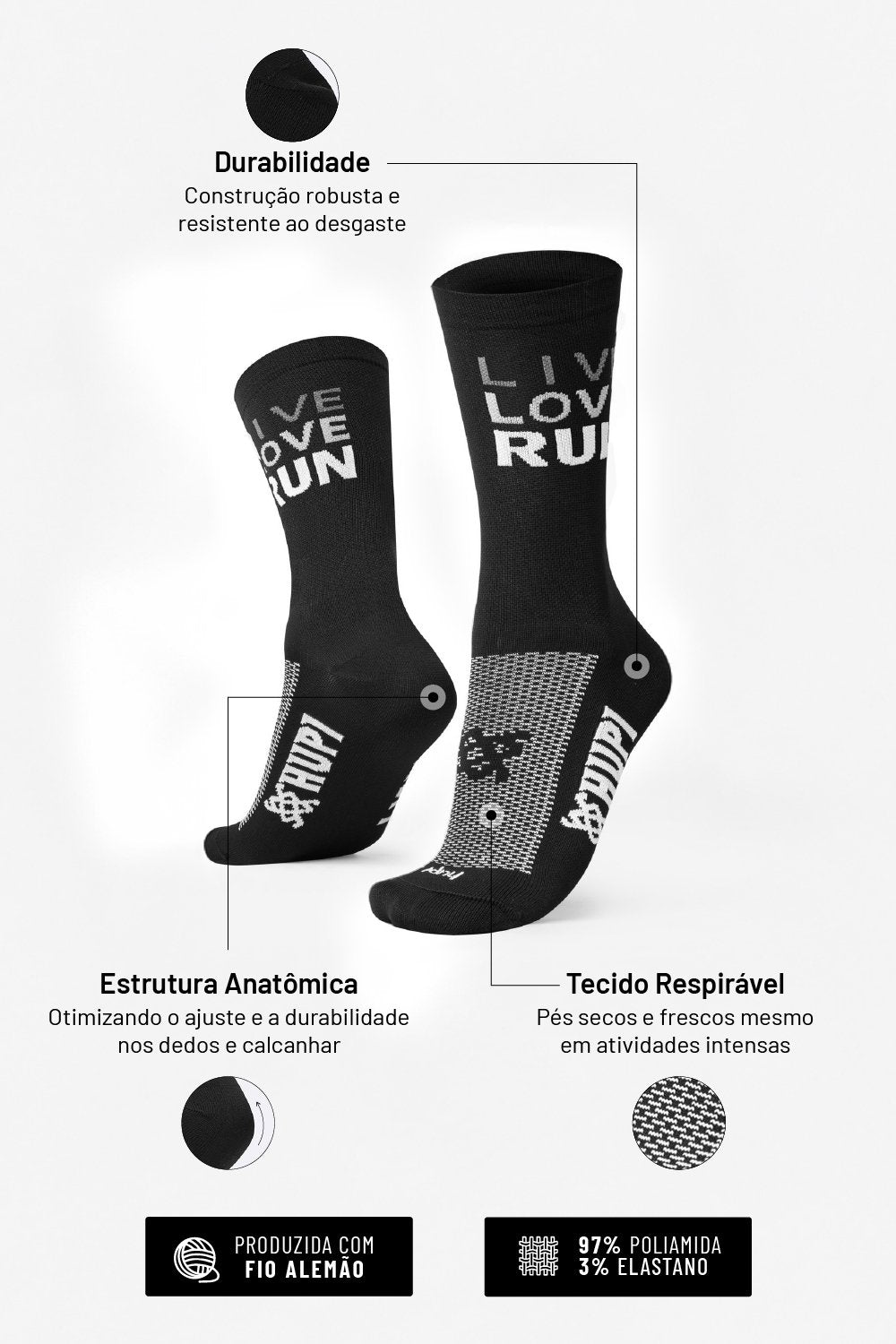 Meia HUPI Live Love Run para Corredoras