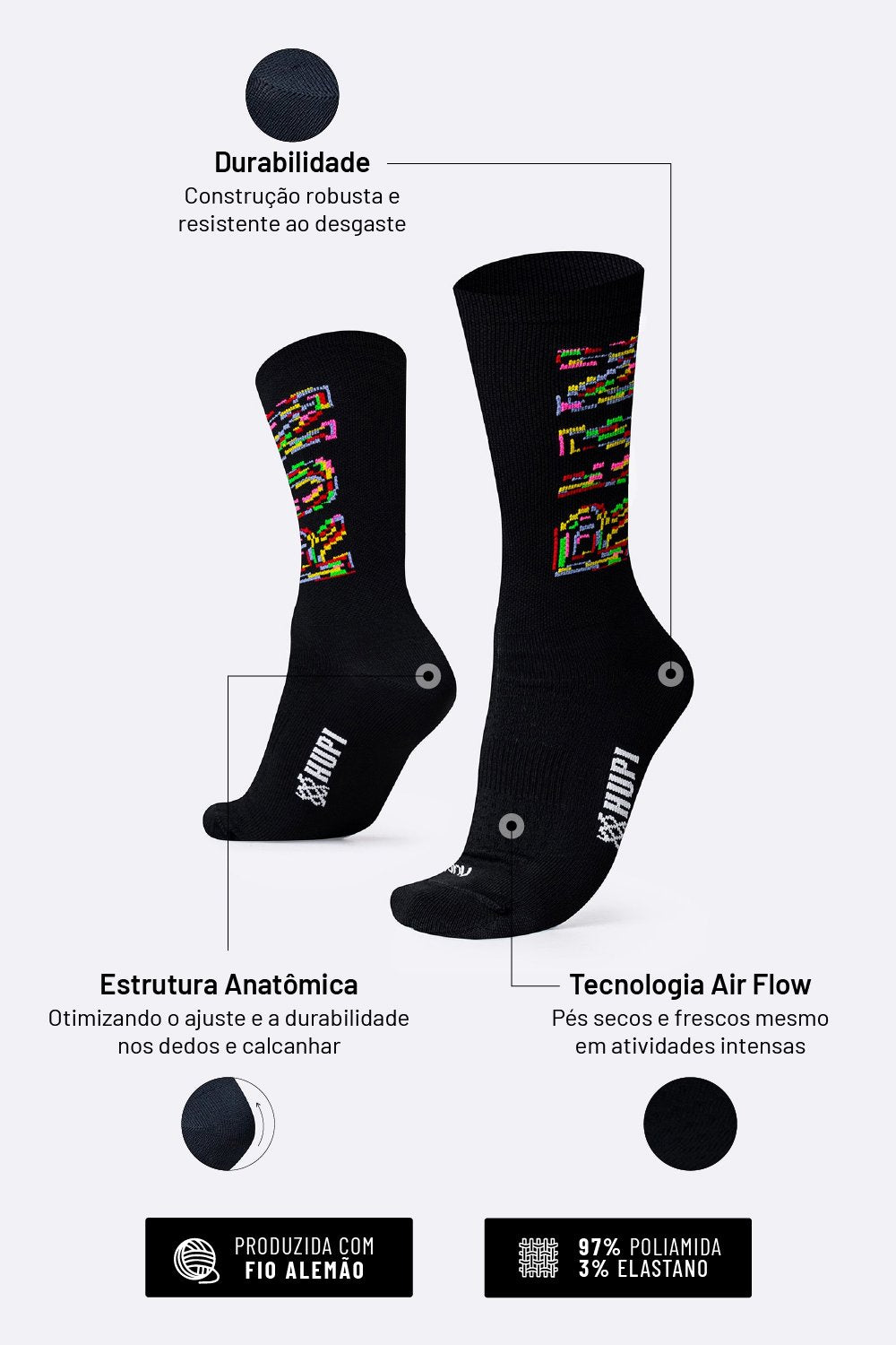 Meia HUPI Run para Corrida e Esportes — 10 Cores