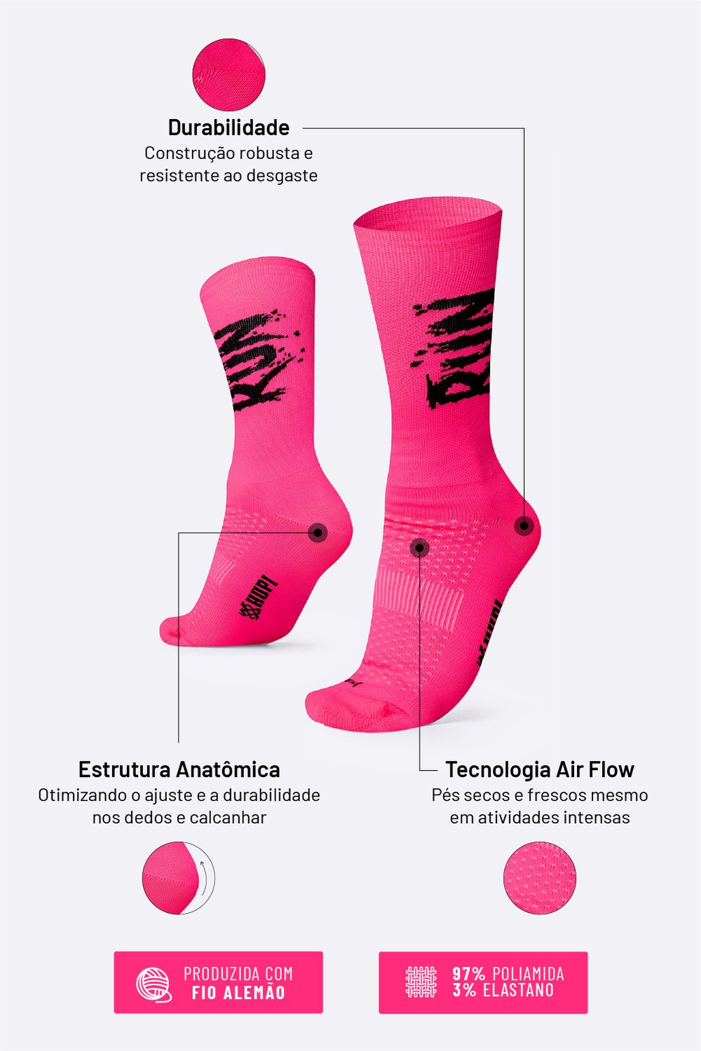 Meia HUPI Run Splash para Corrida — 4 Cores