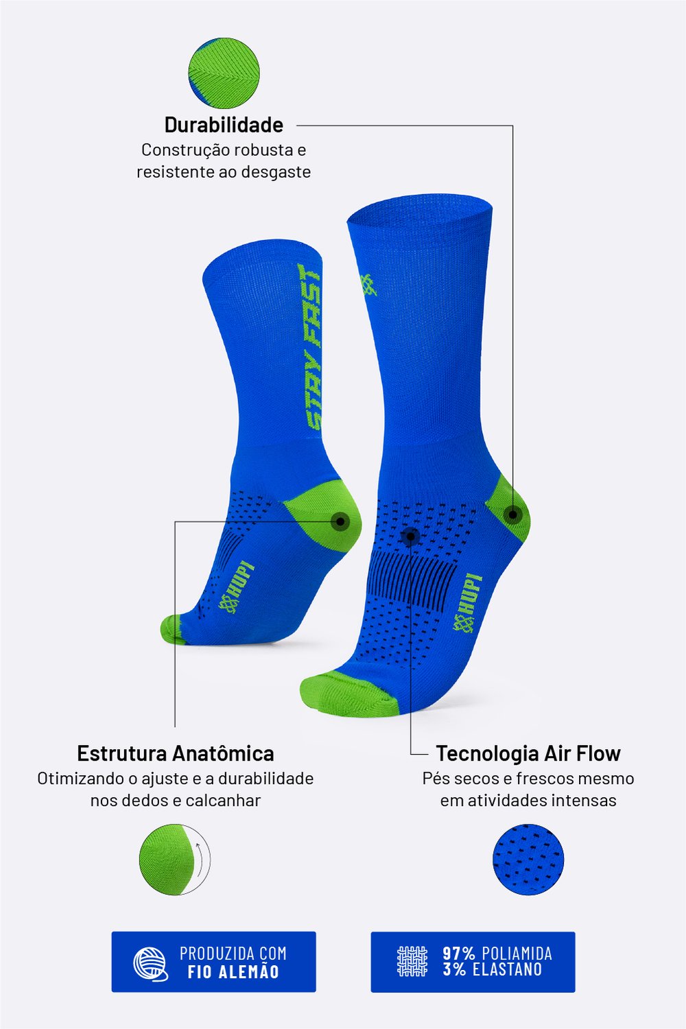 Meia HUPI Stay Fast para Corrida de Velocidade