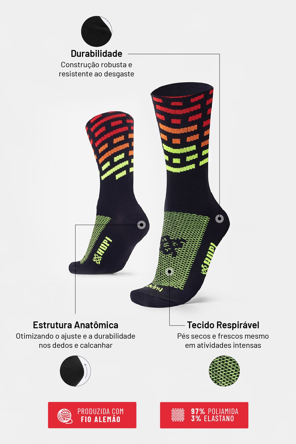 Meia HUPI Triplo Colors para Corrida — 3 Cores