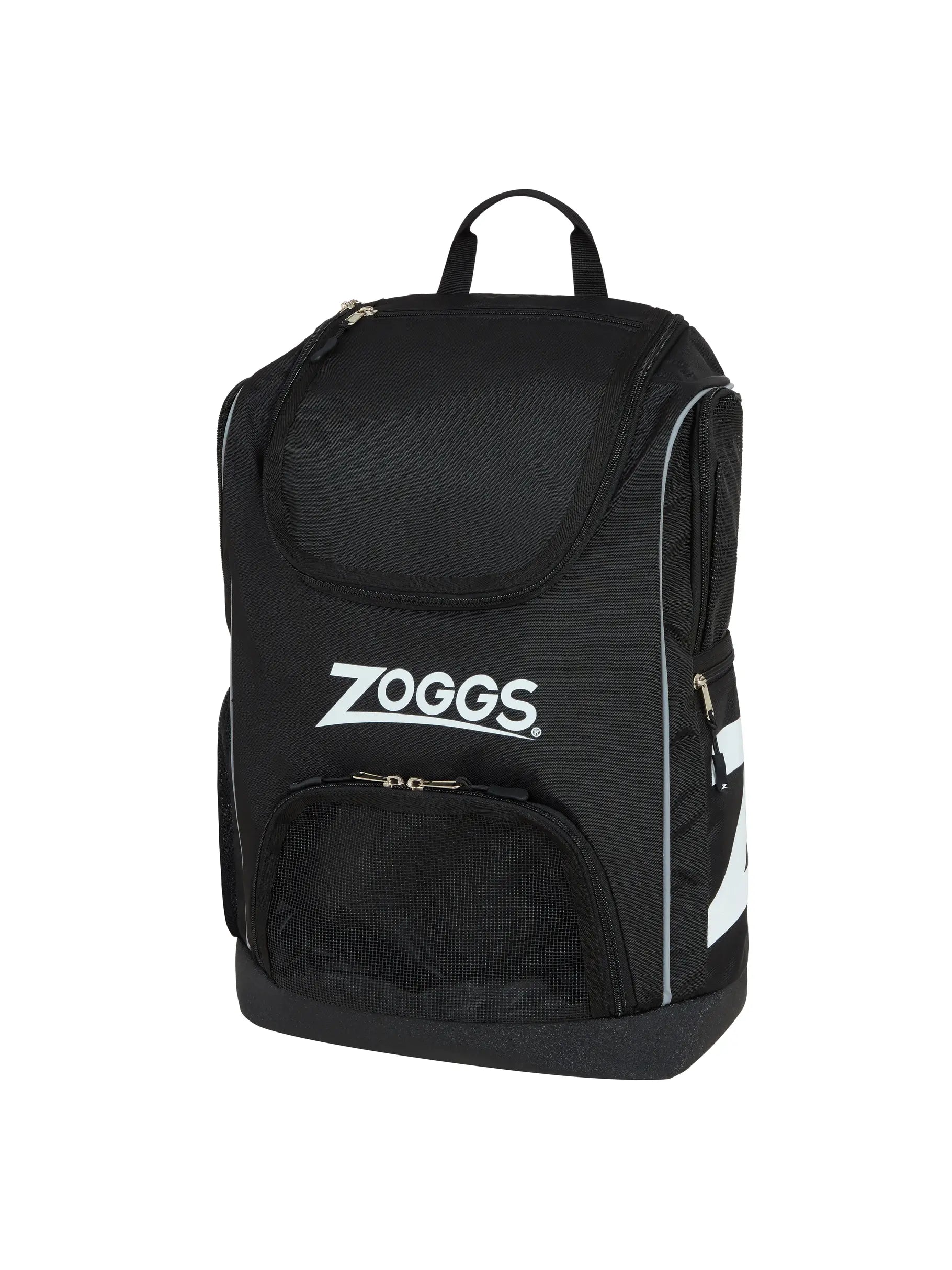 Mochila Zoggs Planet R-PET 33L cor preta, vista frontal com compartimentos