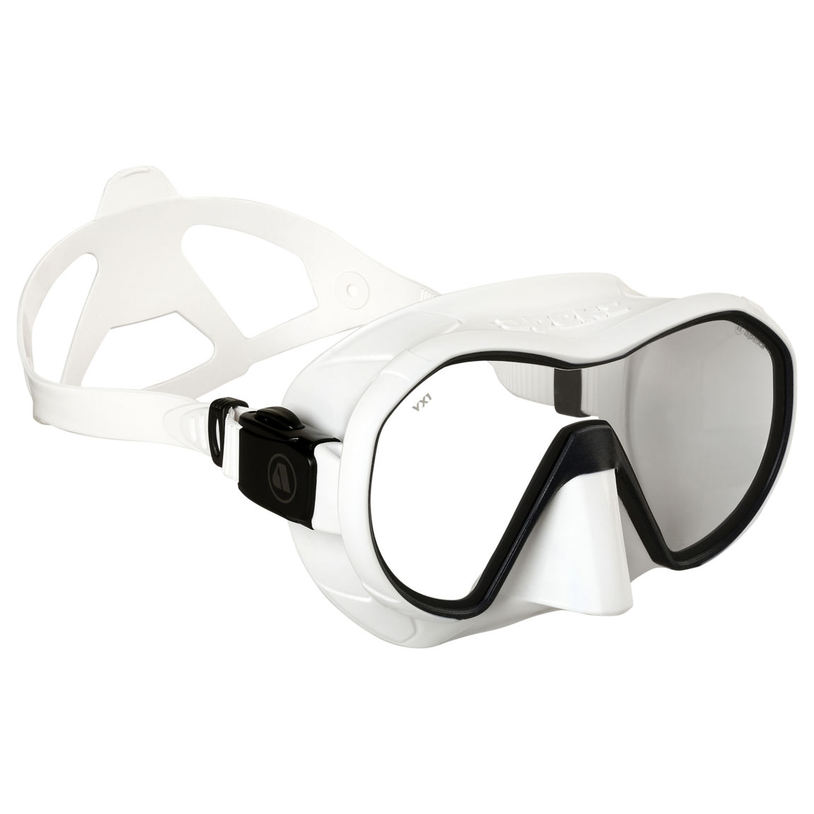 Máscara de mergulho Apeks VX1 branca com contorno preto, vista em ângulo