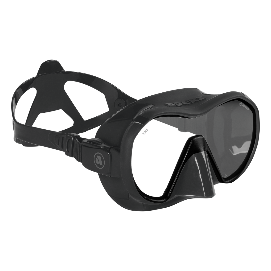 Máscara de mergulho Apeks VX1 cinza-escura com lente Pure Clear, vista em ângulo