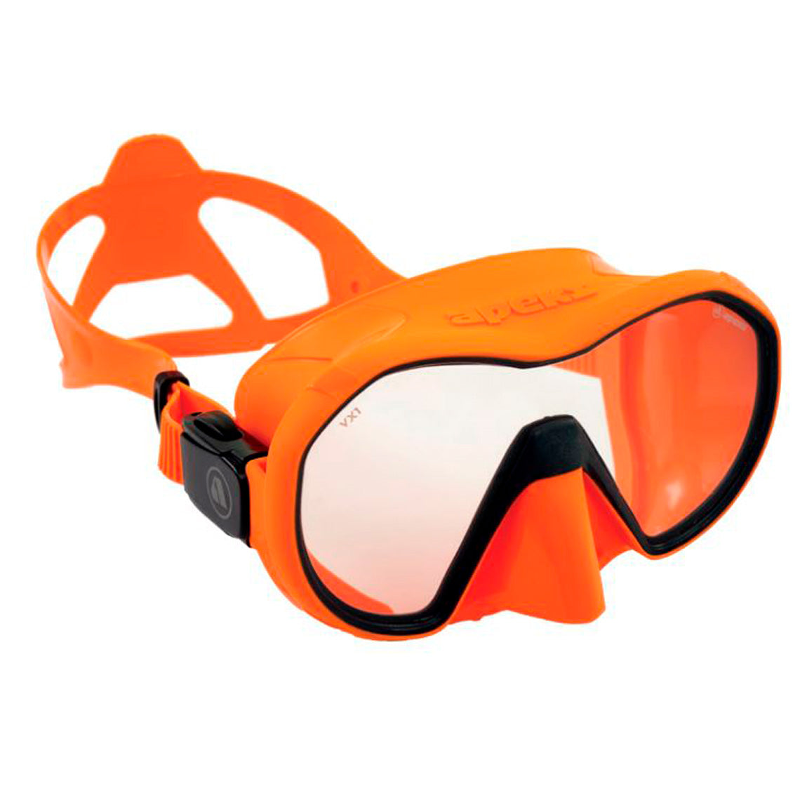 Máscara de mergulho Apeks VX1 laranja com contorno preto, vista em ângulo