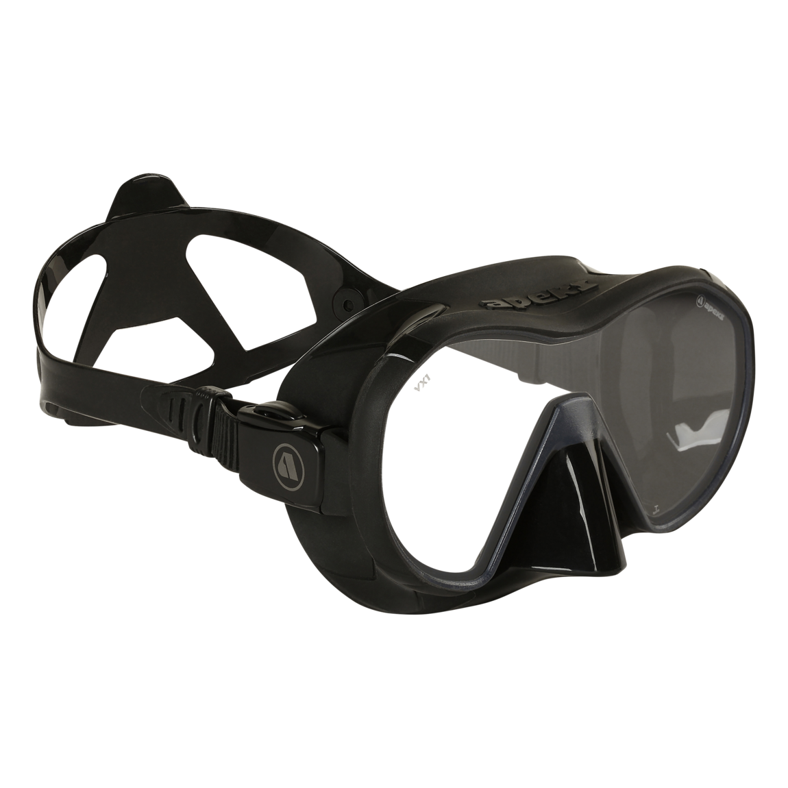 Máscara de mergulho Apeks VX1 preta com lente Pure Clear, vista em ângulo