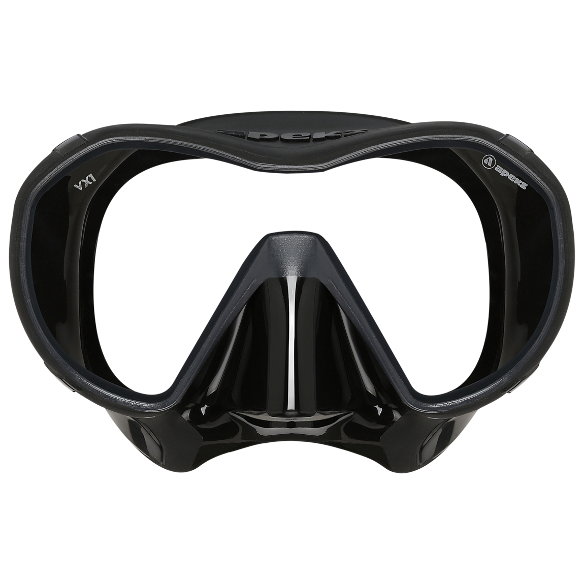Máscara de mergulho Apeks VX1 preta com lente Pure Clear, vista frontal